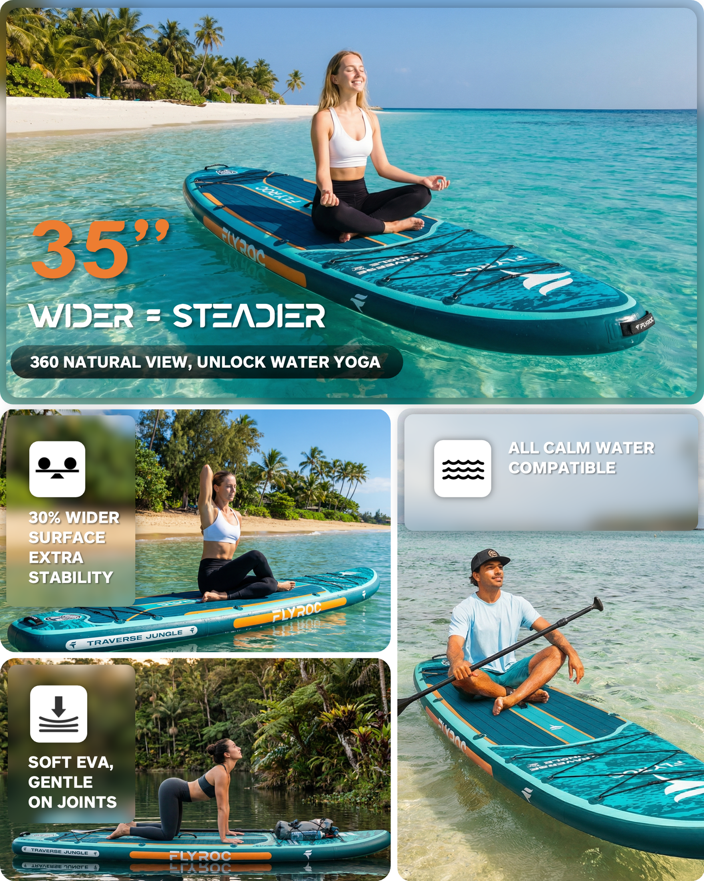 Flyroc 11'6"ร35" Inflatable Stand Up Paddle Board, Jungle Blue
